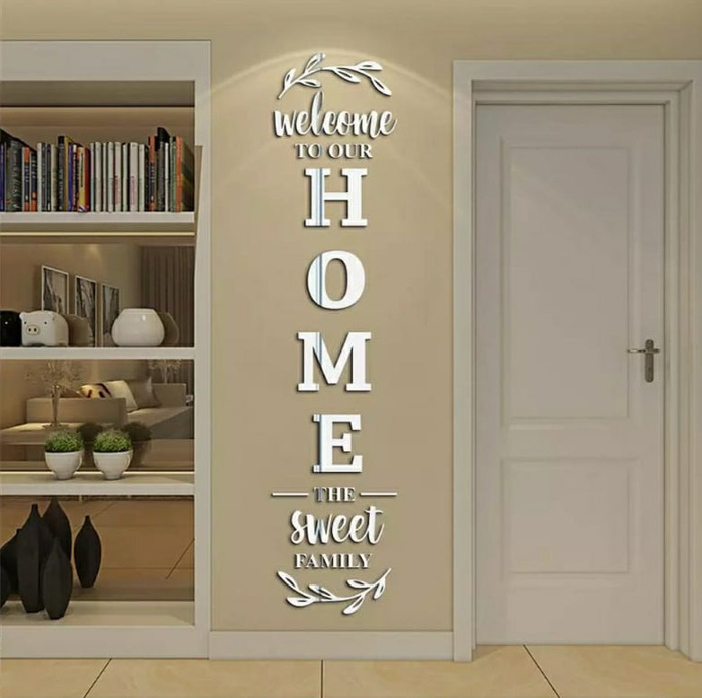 Acrylic Mirror Wall Decoration | “Welcome To Our Home” Elegant Entrance Décor Sticker (12x60 Inches) | Golden