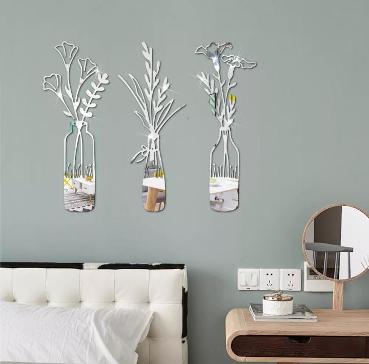 3 PCs Beautiful Acrylic Mirror Leaf Vase Wall Art Frame Modern Decorative Wall Frames for Living Room Bedroom (Silver)
