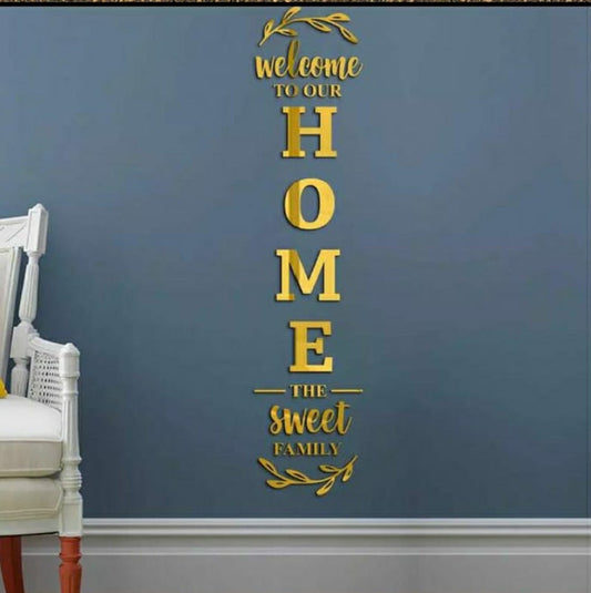 Acrylic Mirror Wall Decoration | “Welcome To Our Home” Elegant Entrance Décor Sticker (12x60 Inches) | Golden
