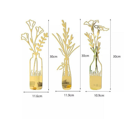 3 PCs Beautiful Acrylic Mirror Leaf Vase Wall Art Frame Modern Decorative Wall Frames for Living Room Bedroom (Silver)