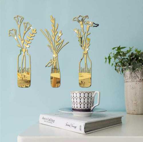 3 PCs Beautiful Acrylic Mirror Leaf Vase Wall Art Frame Modern Decorative Wall Frames for Living Room Bedroom (Silver)