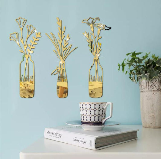 3 PCs Beautiful Acrylic Mirror Leaf Vase Wall Art Frame Modern Decorative Wall Frames for Living Room Bedroom (Silver)